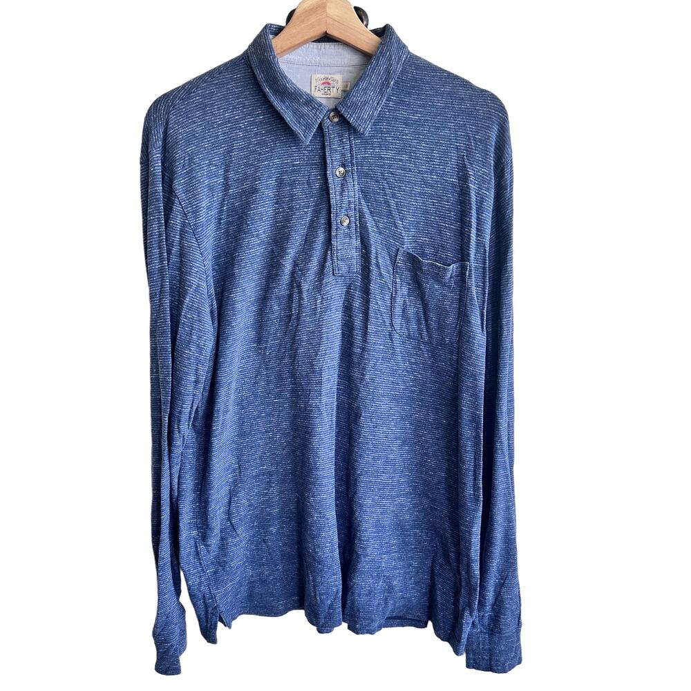 Faherty Long Sleeve Heathered Blue Polo Shirt size Large